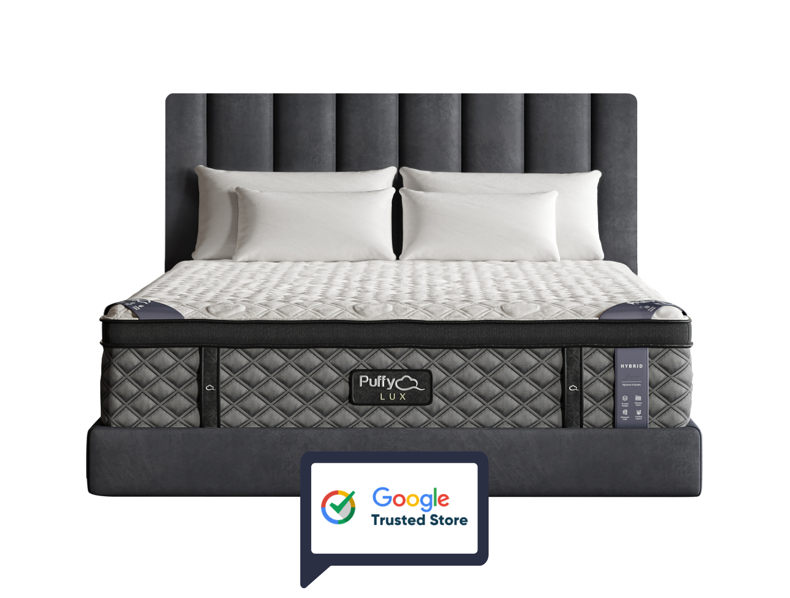 A Puffy Lux Hybrid Mattress with a quilted white cover and grey sides, viewed head-on against a gray upholstered headboard. The mattress has a "Google Trusted Store" badge at the bottom, indicating it is sold by a retailer trusted by Google.